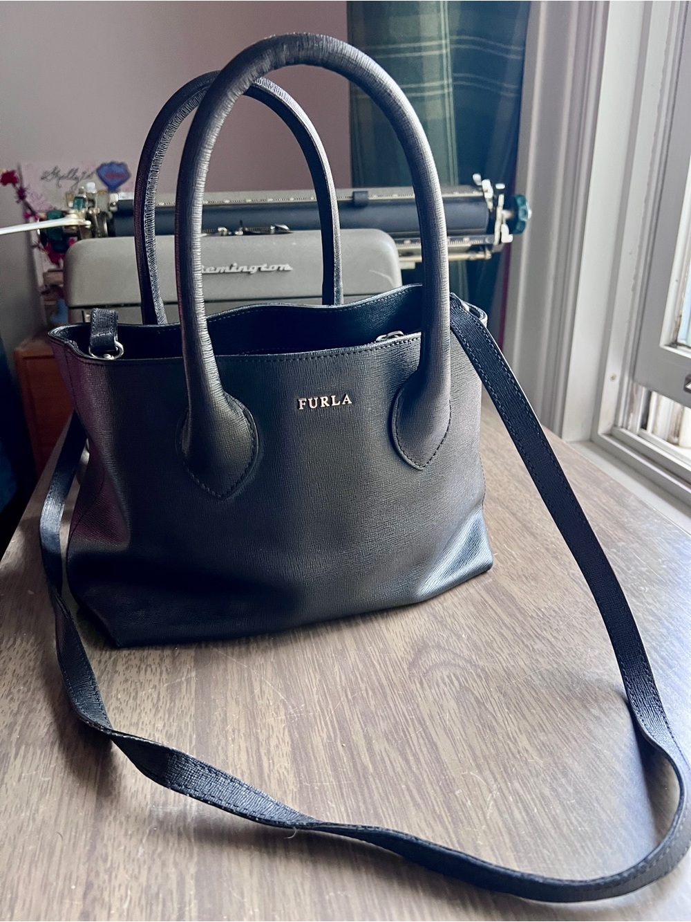 Furla Black Leather Mini Tote with Detachable Crossbody Strap